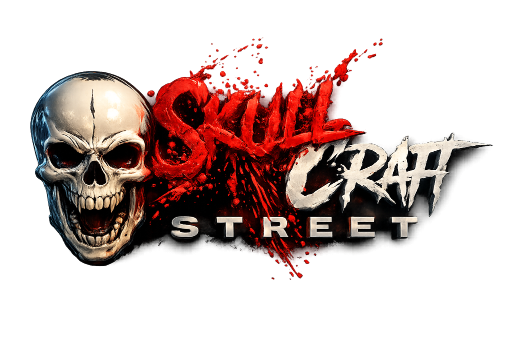 Malevolent white skull on the left with red graffiti splatter forming 'CRAFT' and 'STREET' below against a gray gradient background and dark glow.